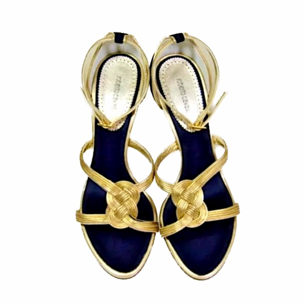 🏷️ NWT Roberto Cavalli Gold/Black Sandals   🇮🇹
